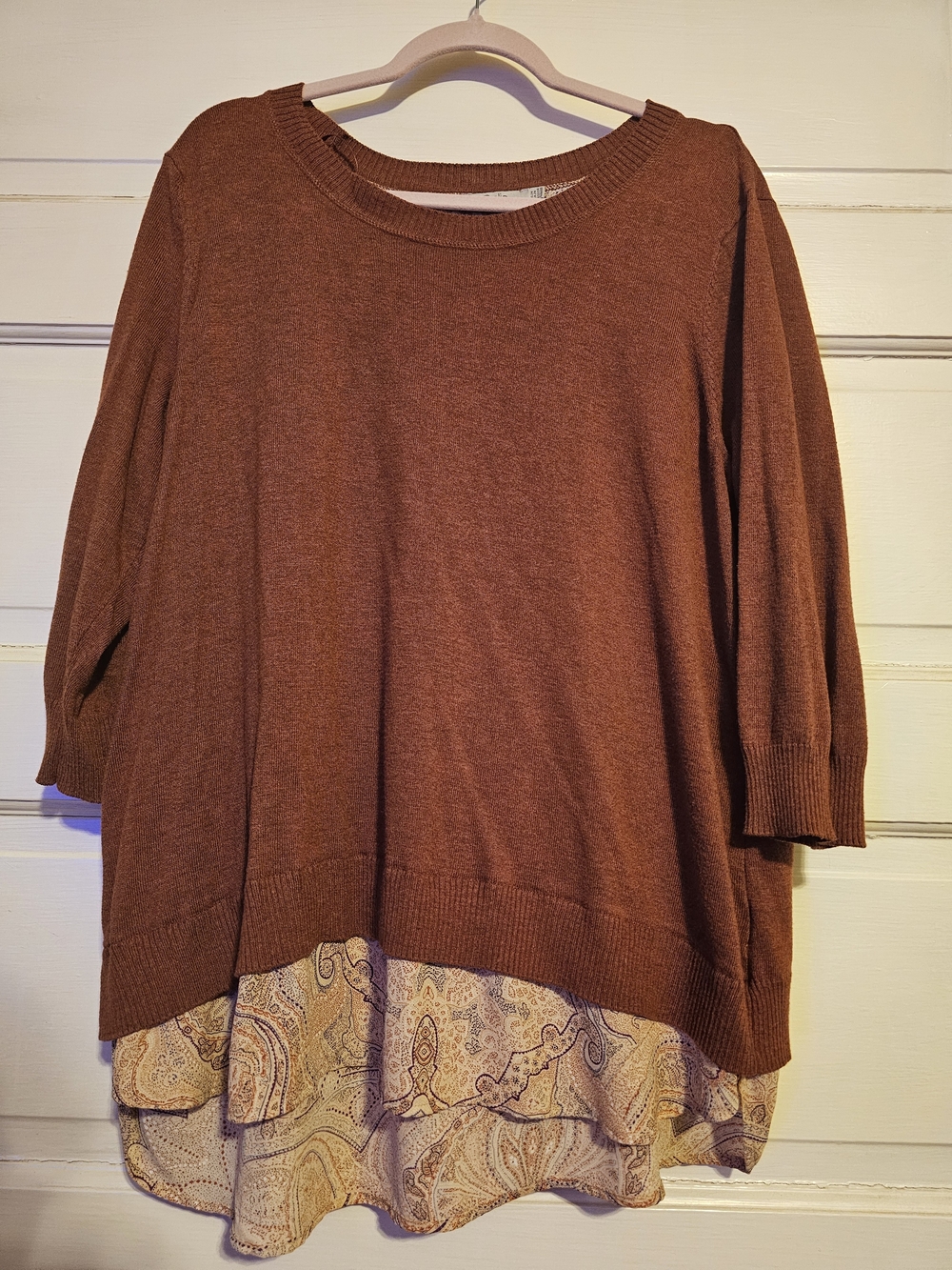 Dalia Split Back Layered Look Sweater Rust Brown Paisley 2XL